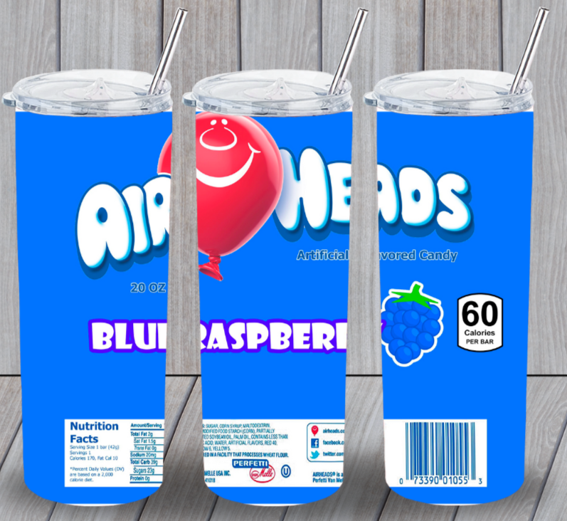 Air Heads Sour Blue Raspberry Candy Multicolor 20oz Insulated Lid Tumbler New
