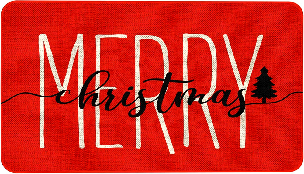 Merry Christmas Red Door Mat Funny Text Indoor Mat, Winter Holiday Creative Deco