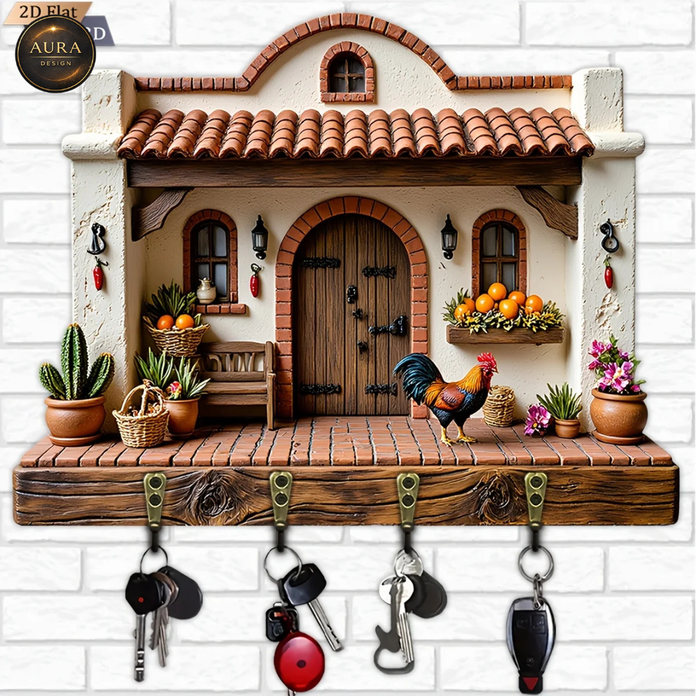Wall Keychain 30cm - Pastoral Rooster Organizer 2D 4 Hooks Entrance