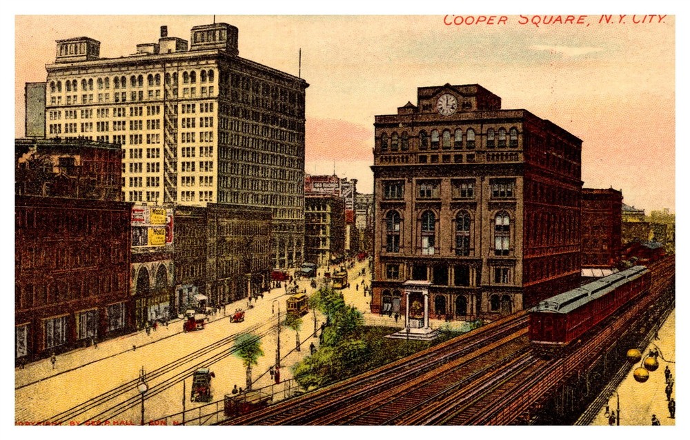 Cooper Square Elevated Train NYC C1910s Postcard AH16