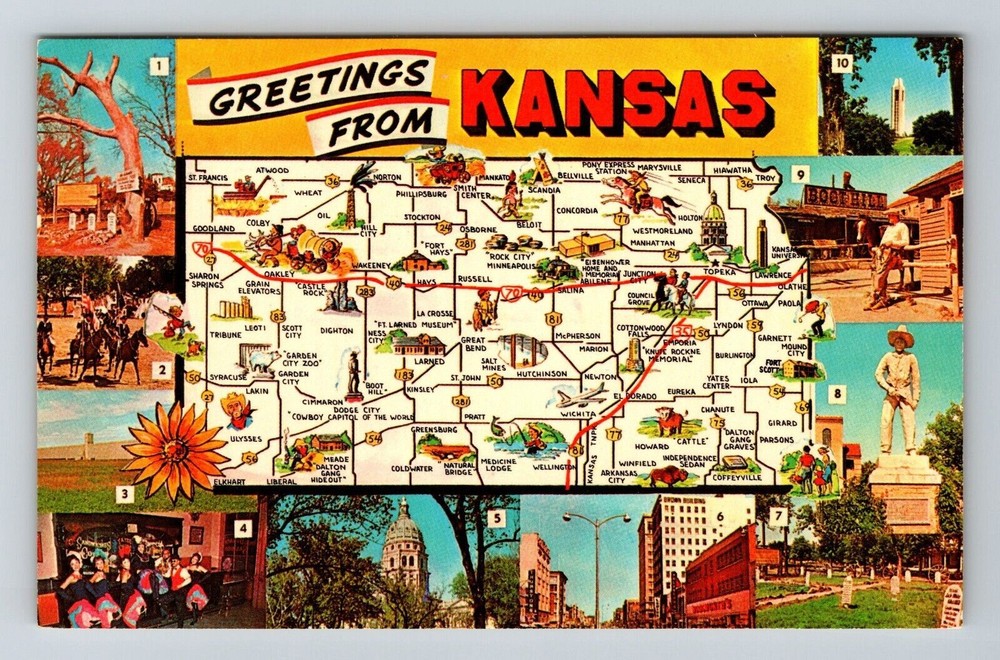 KS-Kansas, General Greetings, Map View, Scenic Landmarks, Vintage Postcard