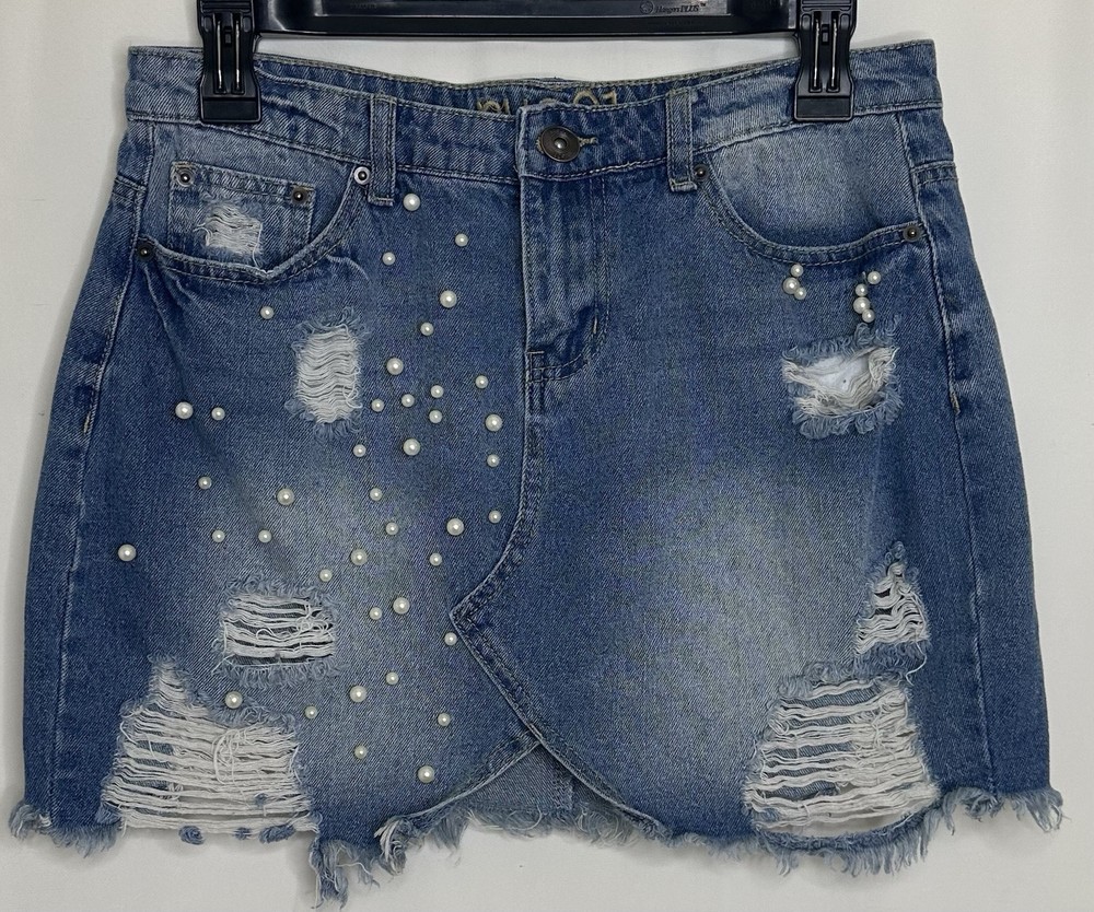 Women's Light Blue Distressed Denim Skirt with Ripped Hem and Pearl Studs Size M