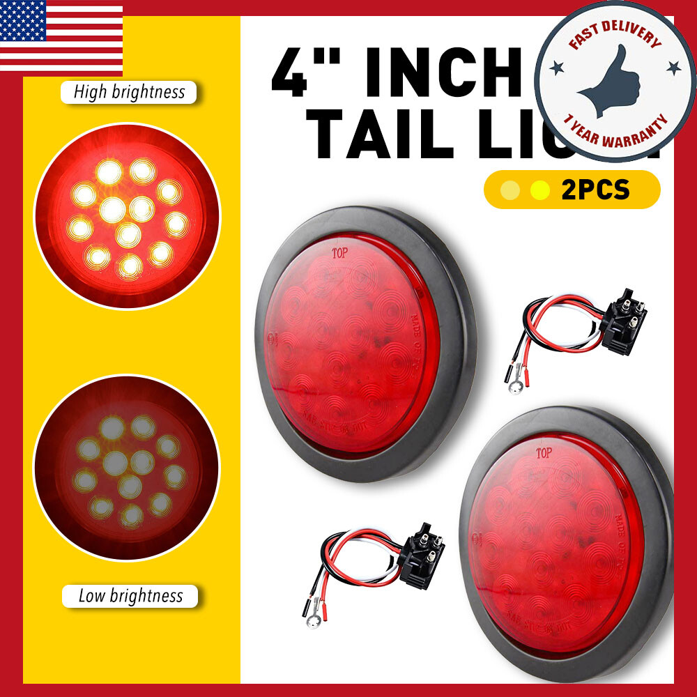 Pair of 4-Inch Round Red 12-LED Tail Stop Rear Brake Lights for Trucks and Trailers, 12V, Durable and Bright, EXS Series
