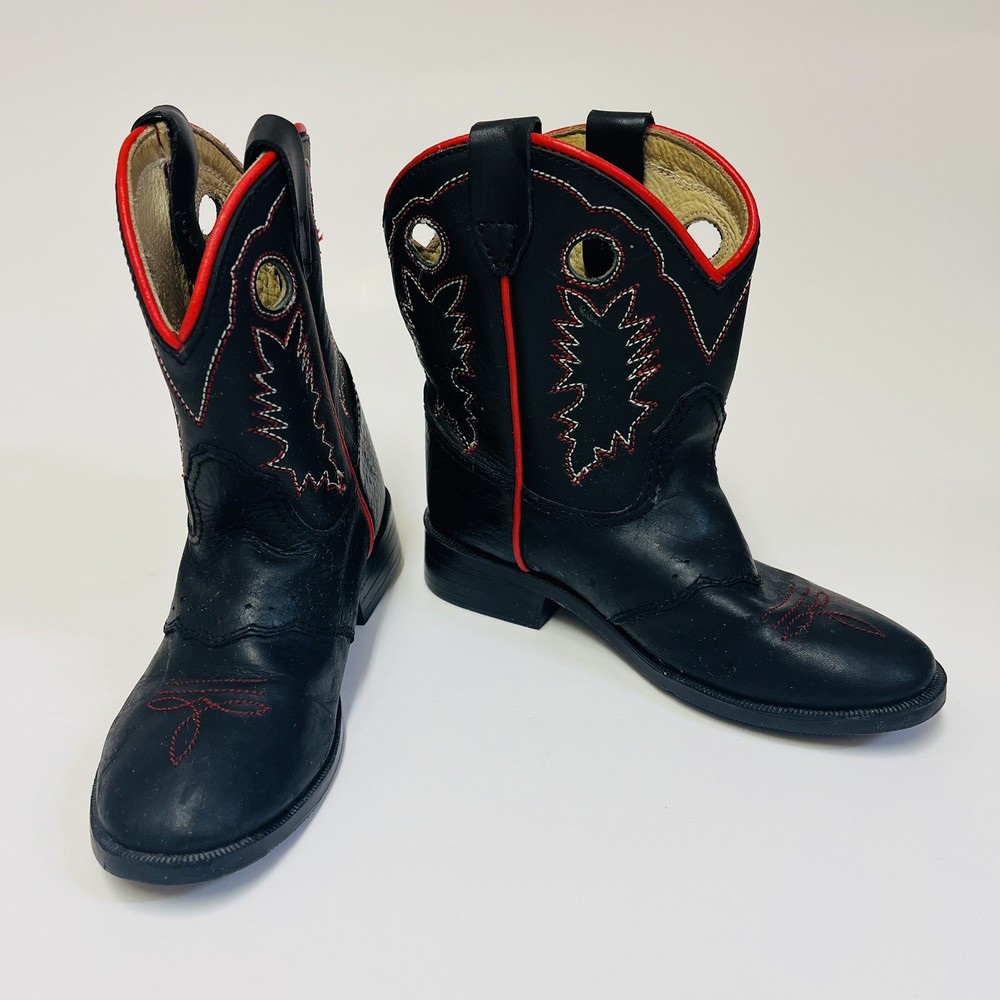 Dan Post Kids Youth Roper Cowboy Boots Black w/Red Embroidery Children’s Size 8