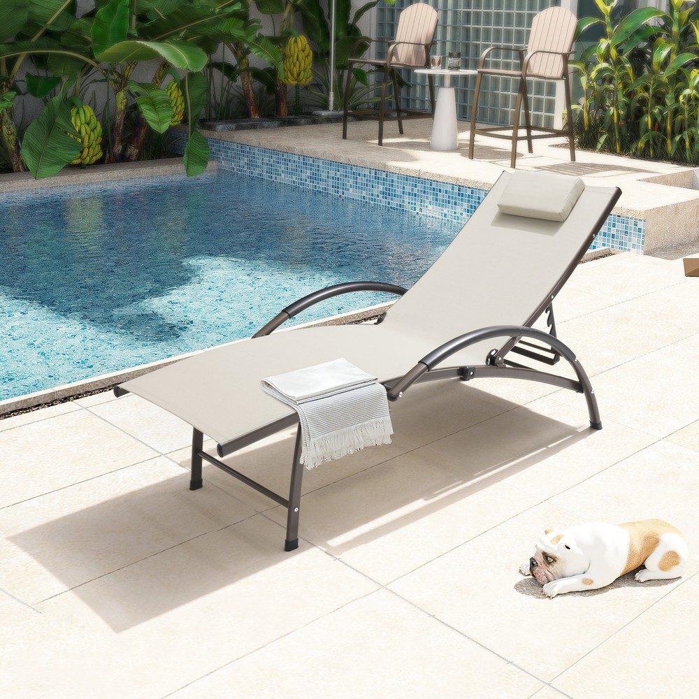 Adjustable Outdoor Patio Chaise Lounge with Tan Cushion by Pellebant