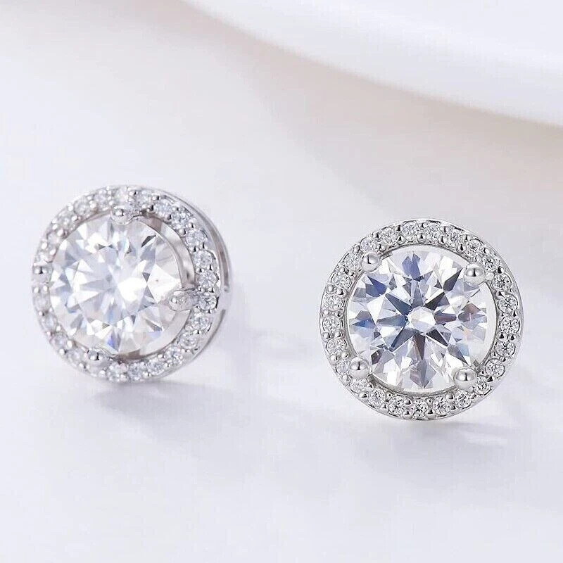 2.50 CTW Round Moissanite Halo Stud Earrings in 14K White Gold Plated