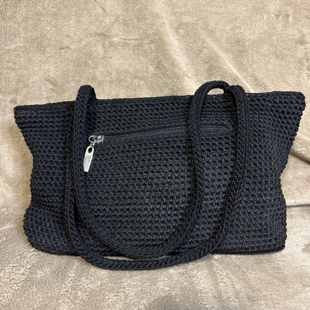 The Sak Purse Hobo Crochet Woven Shoulder Bag Black Double Strap Zip Logo
