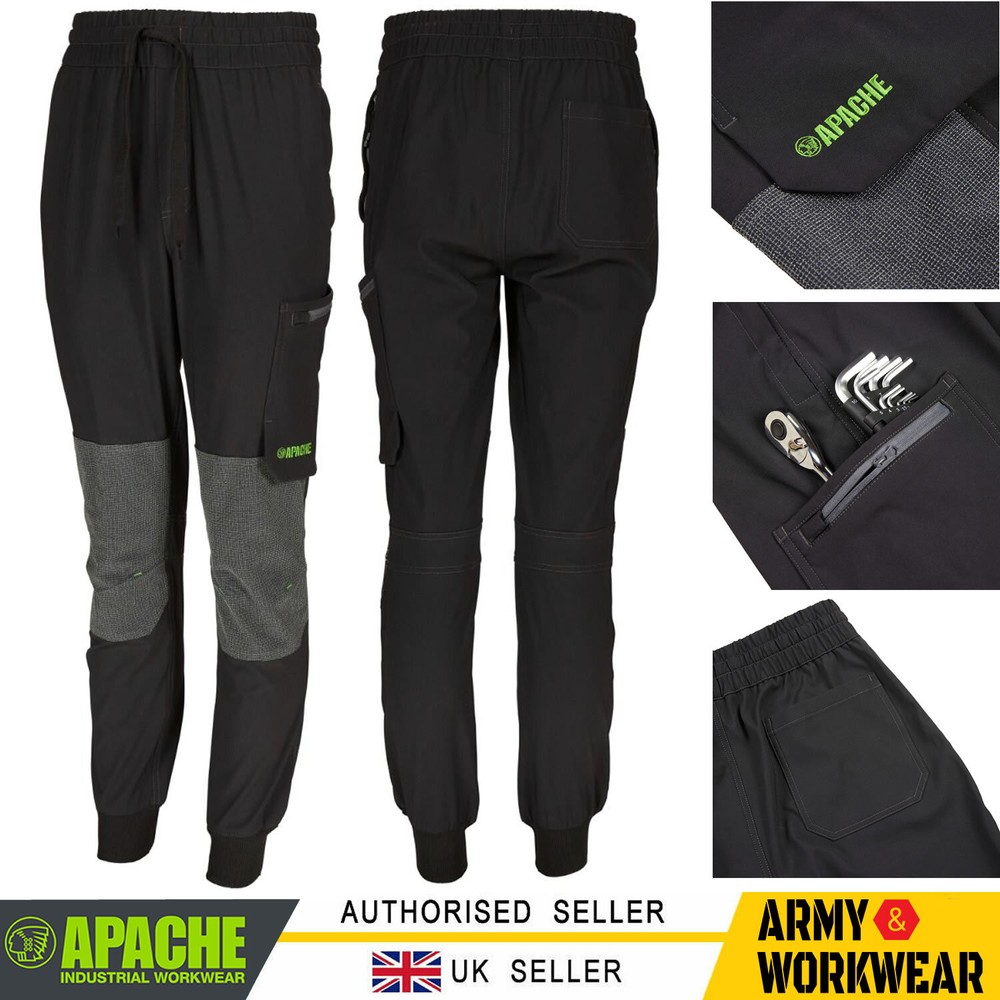 Apache Slim Fit Black 4-Way Stretch Work Joggers with Cargo Pockets