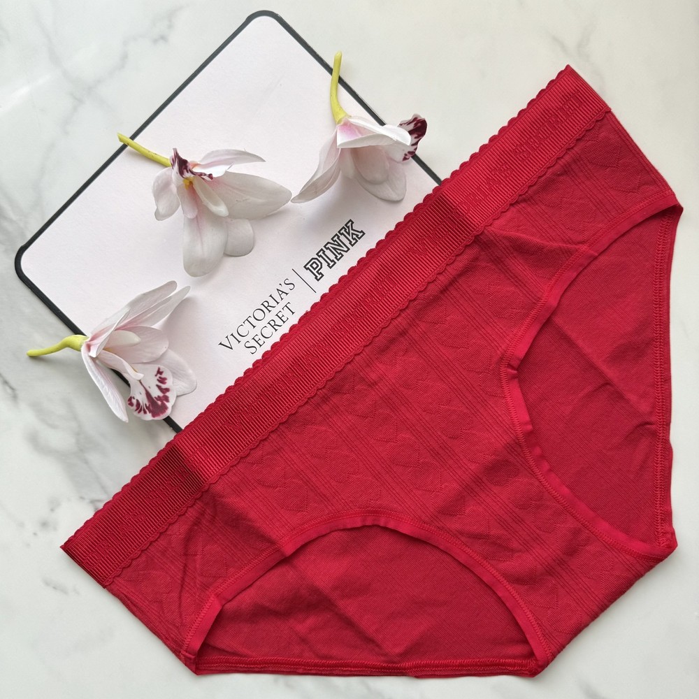 Victoria's Secret Logo Cotton Heart Jacquard Hiphugger Panty in Lipstick Sizes S-XL