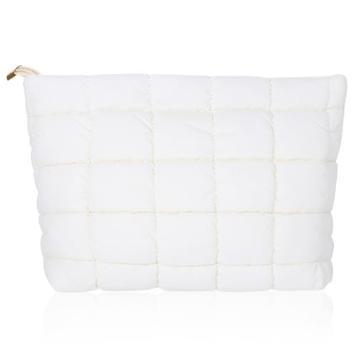 TIESOME Portable White Quilted Checkered Makeup Bag Puffy Pouch