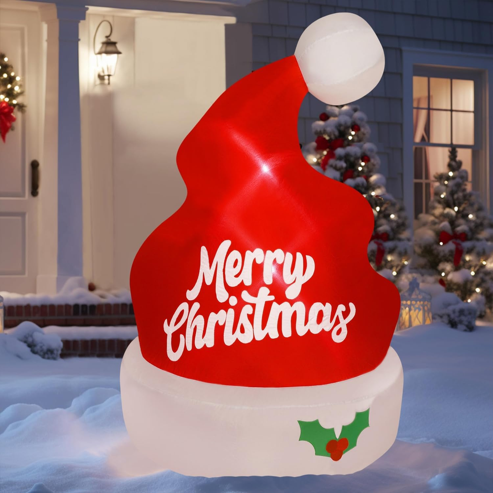 Christmas Inflatables Outdoor Decorations, 5FT Inflatable Xmas Hat, Lighted Blow
