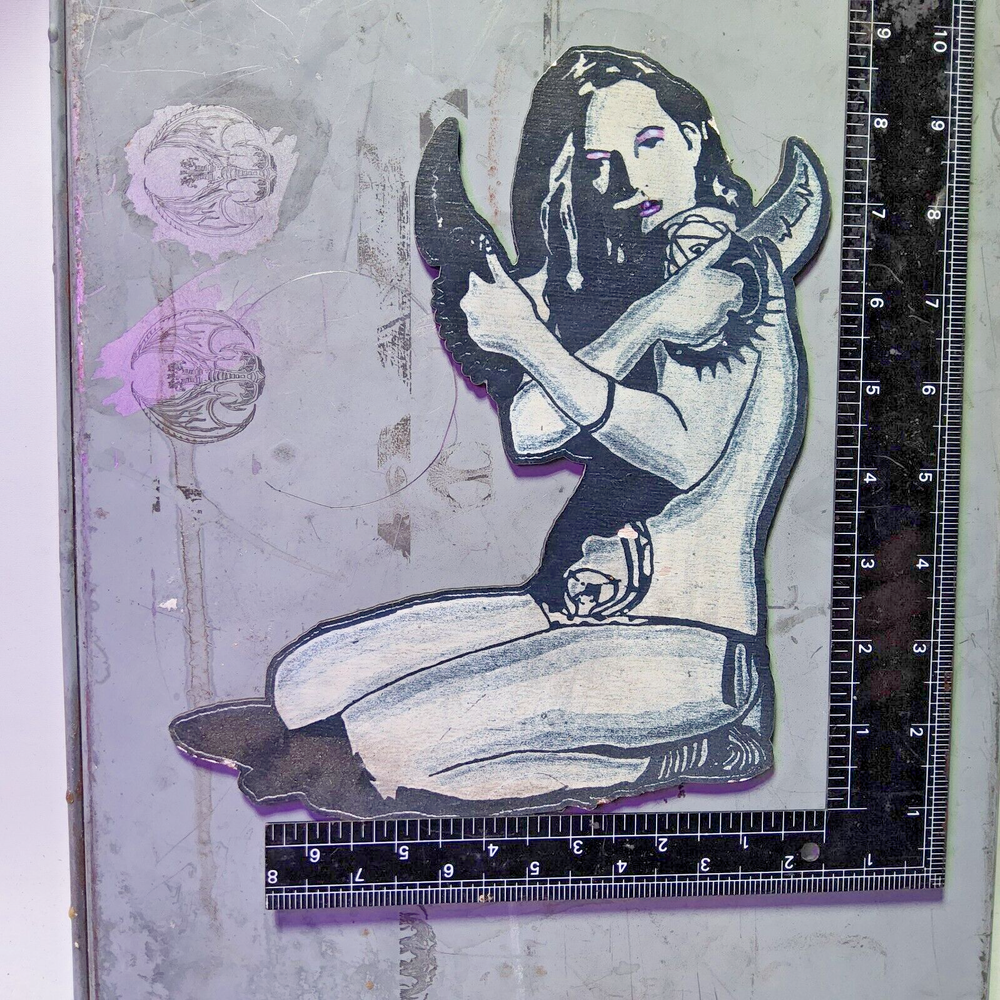 Laser engraved cut pinup girl knives wooden digital art print magnet 9x8 by me L