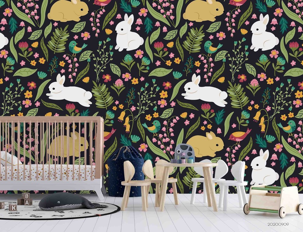 3D Rabbit Flower Leaves Pattern Wall Murals Wallpaper Murals Wall Sticker