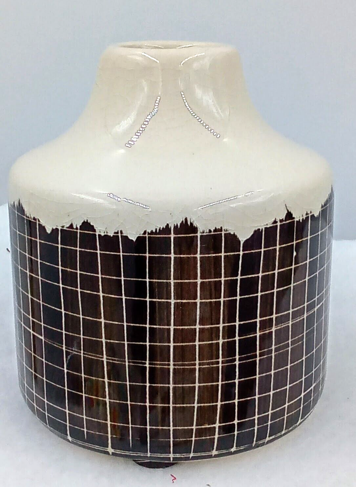 Checked Urban Vase Jug Beige Dipped Brown Round Ceramic Crackle Glaze Felt 4