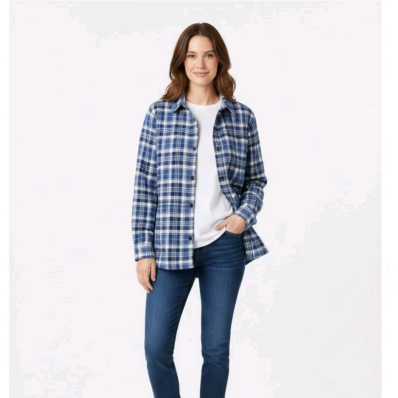 LL bean Flannel Lined Shirt Jacket Womens L Blue Plaid Shacket Cabincore Gorpcor