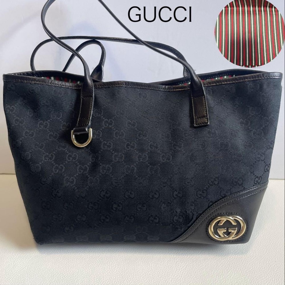 Gucci GG Canvas Sherry Line Tote Bag with Black Leather Trim