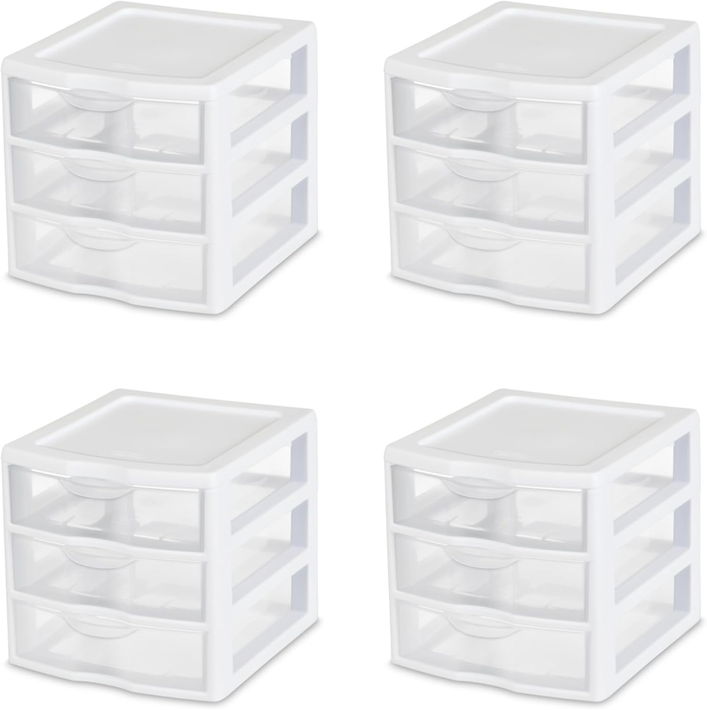 17918004 3 Drawer Unit, White Frame with Clear Drawers, Pack of 4