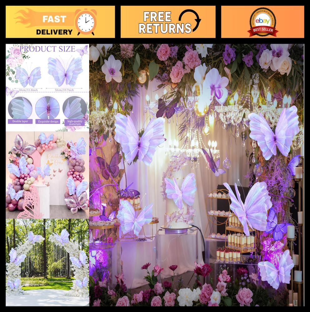 6 Pcs Large Purple Butterfly Decorations - 3D Silk Mariposas for Party Decor 20