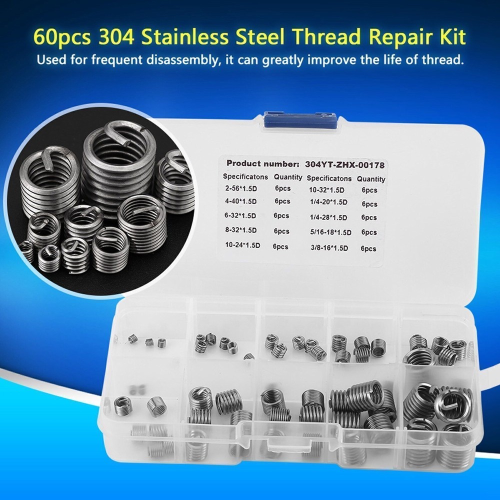 60pcs 304 Stainless Steel Wire Screw Sleeve Thread Repair Insert Assortment Kit