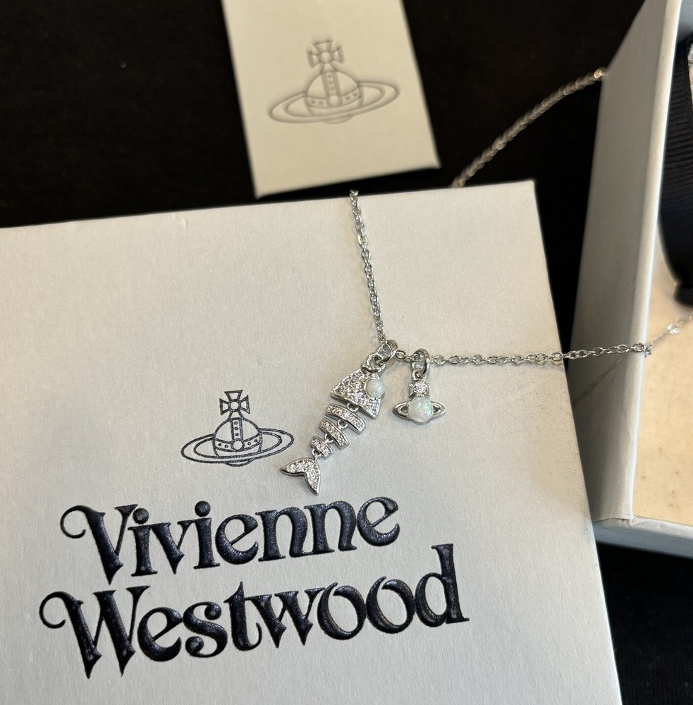 Vivienne Westwood Fish Bone Skeleton Saturn Opal Y2K Punk Necklace With Gift Box
