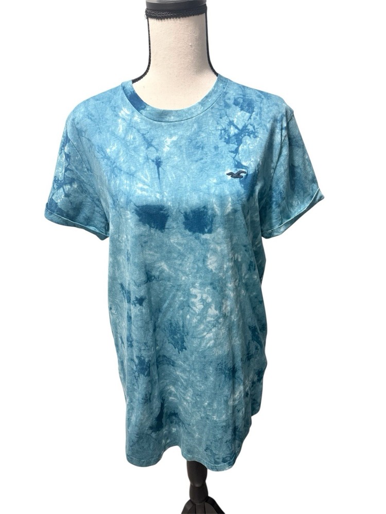 Hollister Blue Acid Wash Cuffed Short Sleeve Curved Hem Tee Size Medium