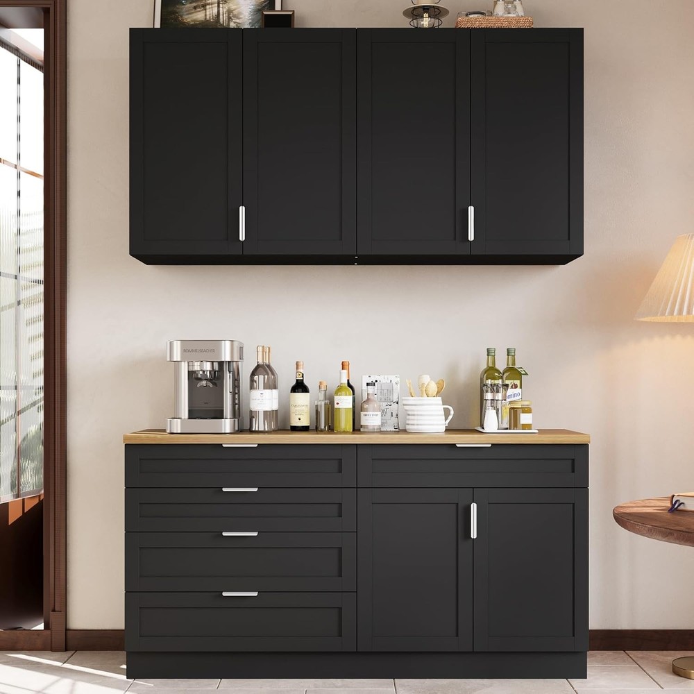 Large Kitchen Pantry Storage Cabinet Set with Wall Cupboard and Freestanding Food Organizer