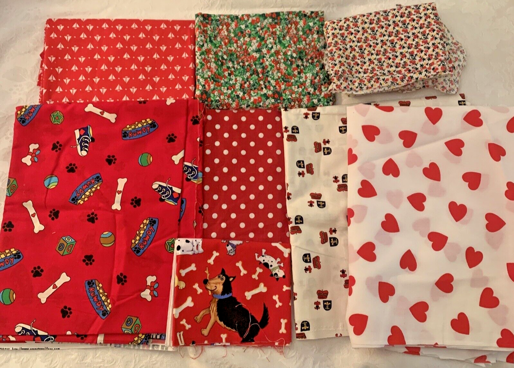 Cotton Fabric Red Prints Lot of 8 novelty and Florals see detailed descr quilt
