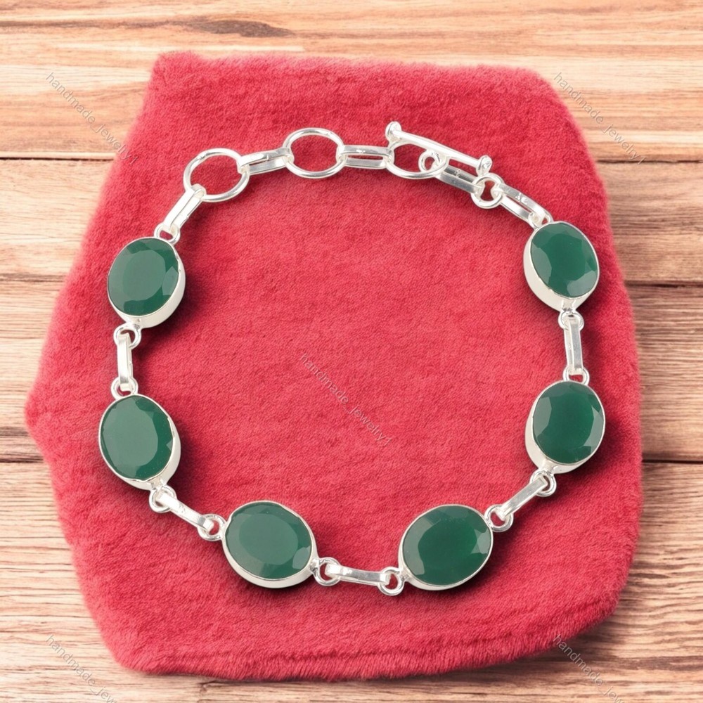 Mothers Day Green Onyx Gemstone 925 Sterling Silver Chain Bracelet Gift-image