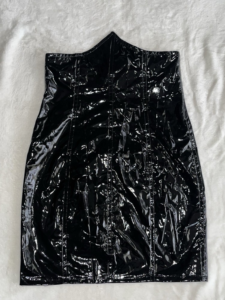 Black Patent Leather Corset Mini Skirt Women’s Medium Zip Closure