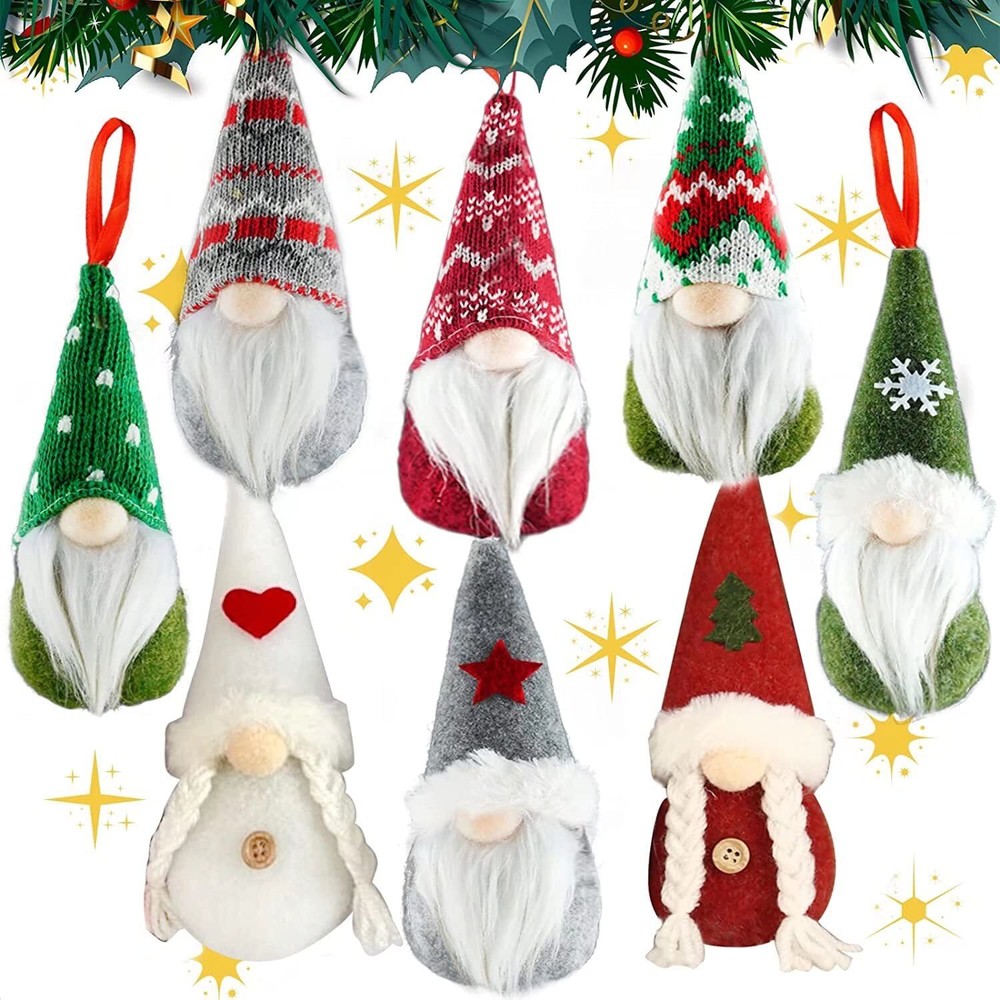 8PCS Christmas Gnome Ornaments Handmade Plush Santa Elf Tree Decorations Xmas