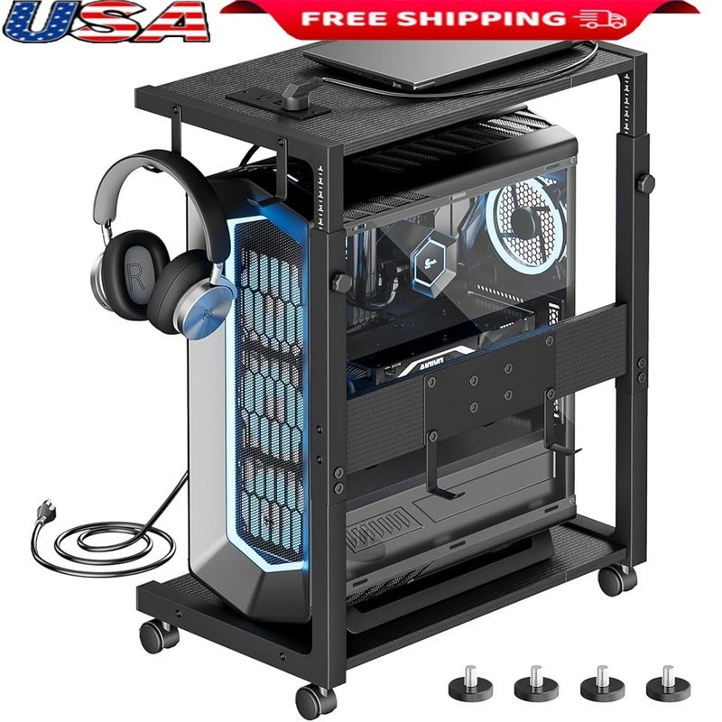 PC Tower Stand W/ Charging Station Adjustable CPU Holder Office Gaming New