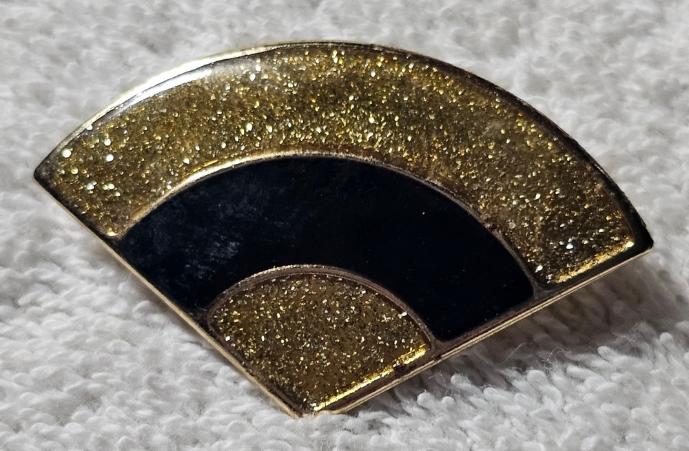 Vintage Sparkle Enamel Art Deco Fan Brooch Pin Gold Tone Black (D)