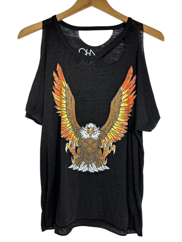 Chaser TShirt Women S Cold Shoulder Bald Eagle Cut Out Graphic Tee Boho Grunge
