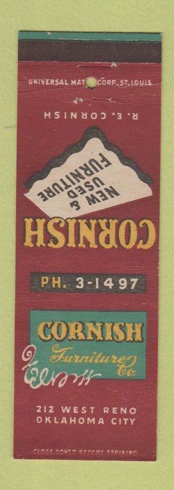 Vintage Cornish Furniture Oklahoma City OK Matchbook Cover
