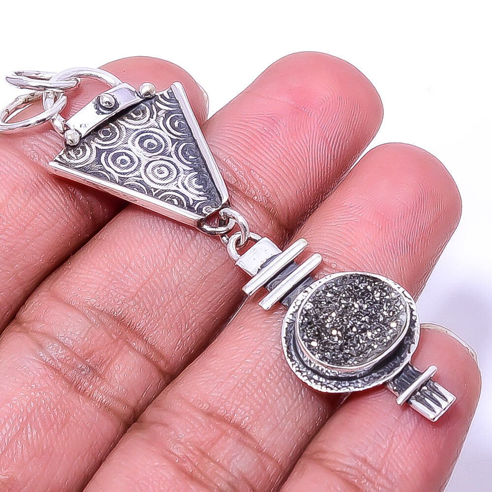 Black Titanium Agate Drusy Oxidised Designer 925 Sterling Silver Pendant 2.5