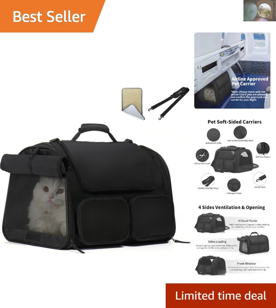 Airline Approved Black Cat Carrier with 4 Mesh Panels and Storage Pockets