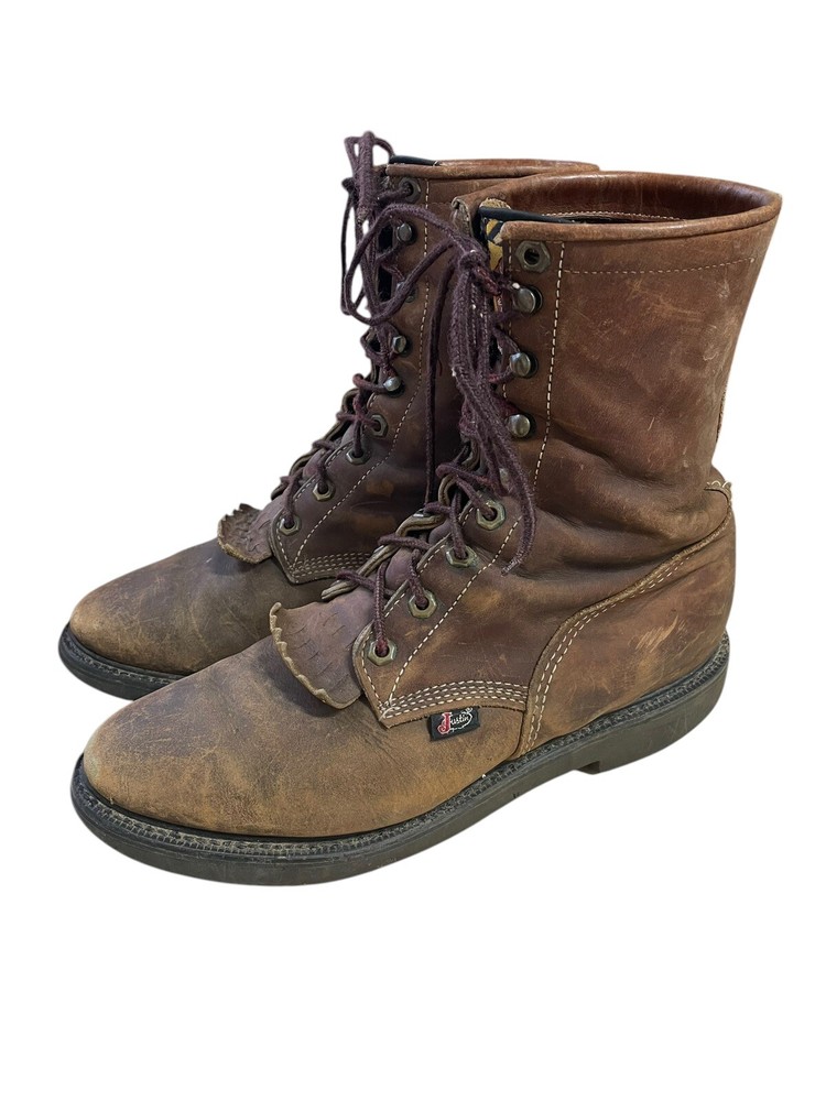 Justin Work Boots Handcrafted USA Brown Distressed Leather Men 9.5EE