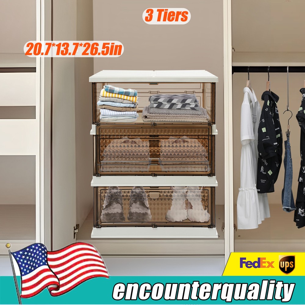 3-Tier Collapsible Storage Cabinet with Doors - Foldable Organizer Bins