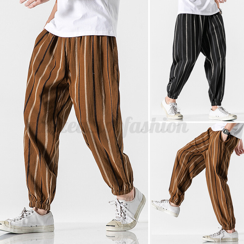 Men's Japanese Linen Cotton Striped Pants Hippie Loose Beach Hakama Casual Pants