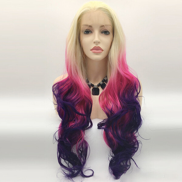 Long Wave Blonde Pink Purple Ombre Glueless Lace Front Wig Soft Hair