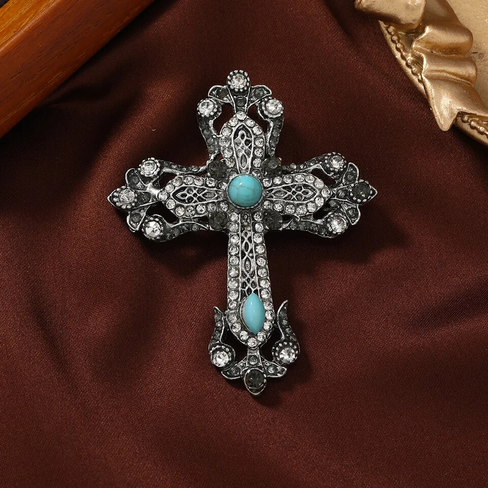 Vintage Rhinestone Cross Brooch Men's Court Style Blazer Pin Accessories Pins