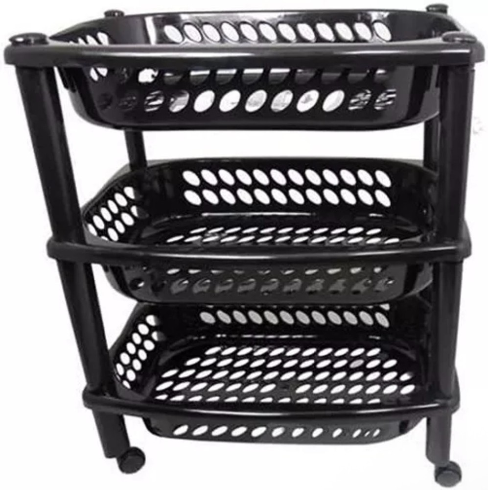 3 Tier Black Fruit Vegetable Storage Trolley Basket Rack Kitchen Cart w/ Wheels