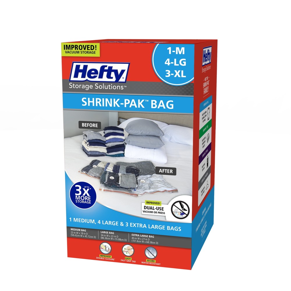 Hefty Shrink-Pak 1 Medium, 4 Large, 3 X-Large Vacuum Compression Storage Bags,