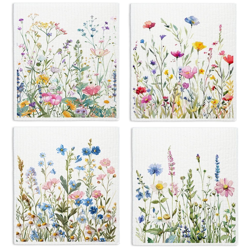Flowers Swedish Dishcloths Papaya Reusable Paper Towels Watercolor 4 Pack