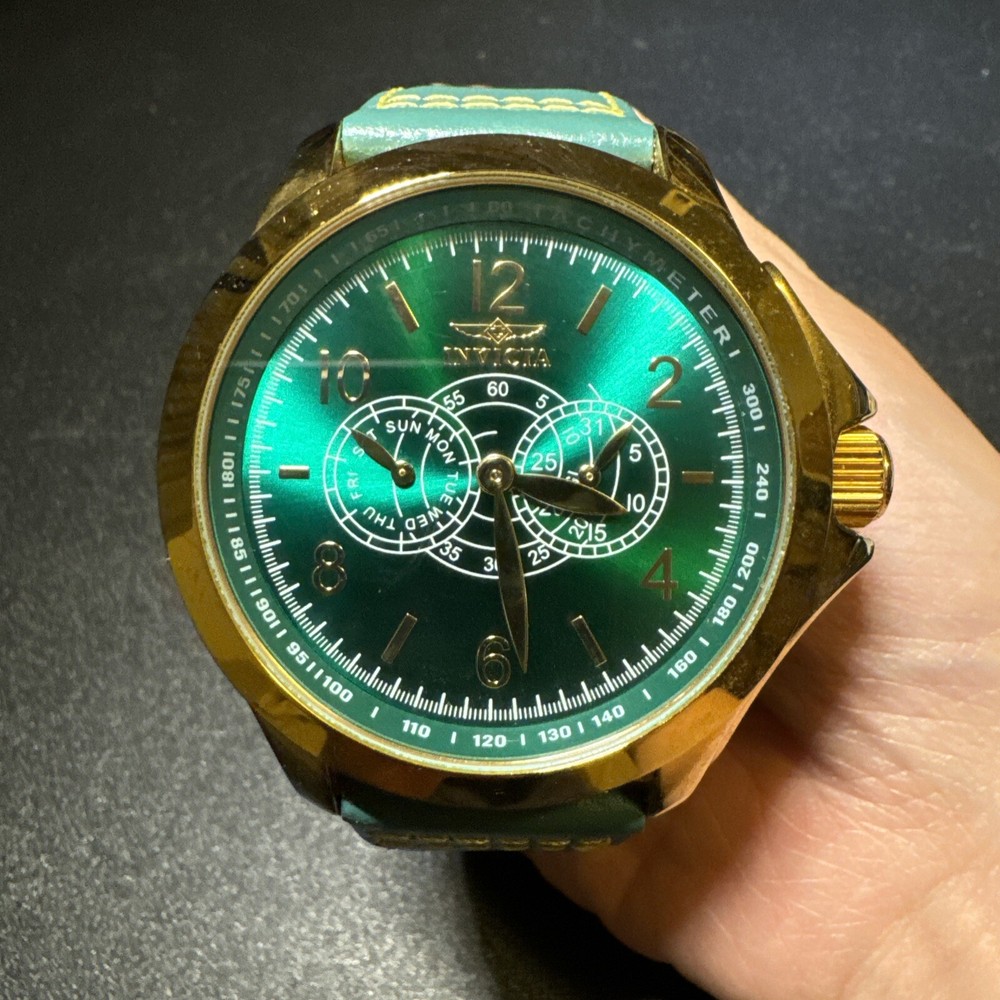 INVICTA 48mm Green Gold Men's Leather Watch 100m Water Resistant Needs Battery