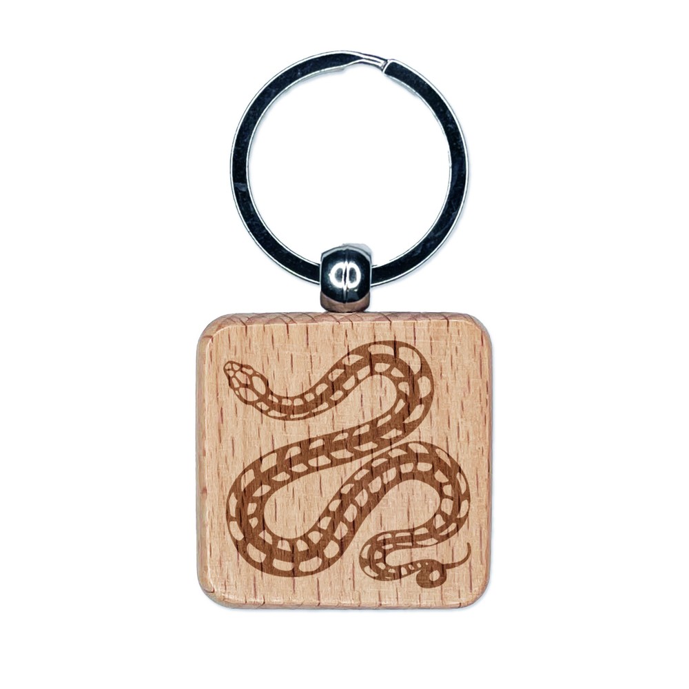 Elegant Winding Striped Snake Engraved Wood Square Keychain Charm