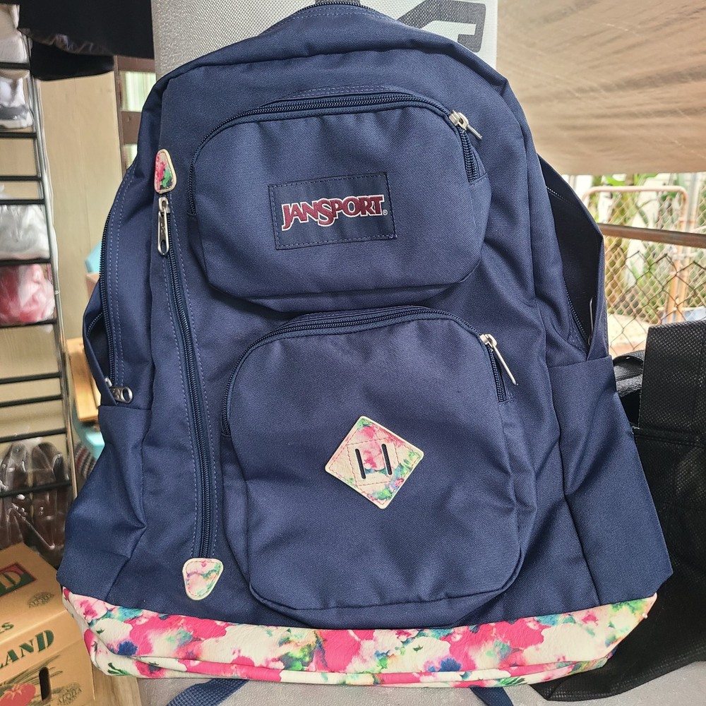 JanSport AUSTIN Backpack Stella Blue Faux Leather Floral Bottom GREAT CONDITION