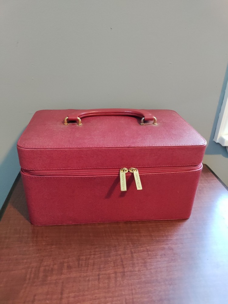 Estee Lauder Train Travel MAKEUP CASE Faux Leather RED-Hard Case Vintage