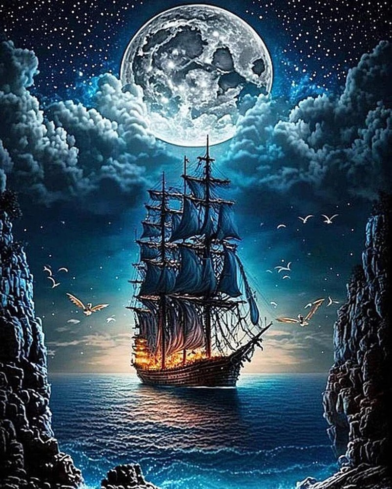 5D Landscape Diamond Painting Kits for Adults Beginner, DIY Steamship Moon, Full