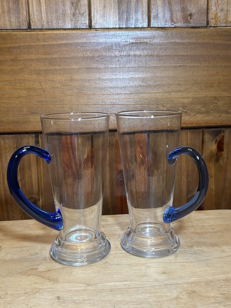 Blue Ceramic Drinking Mugs with Handles Set of 2